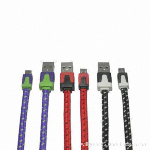 Flat fabric micro USB data cable, charging and data transfer, 10 colors available